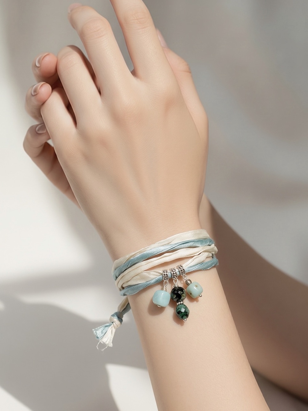 Handcrafted Blue & Cream Sari Silk Wrap Bracelet with Gemstone Charms